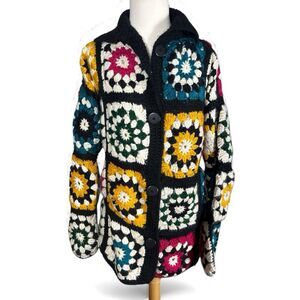 Handmade Crochet Granny Square Button Up Cardigan Sweater Jacket Flare Sleeve